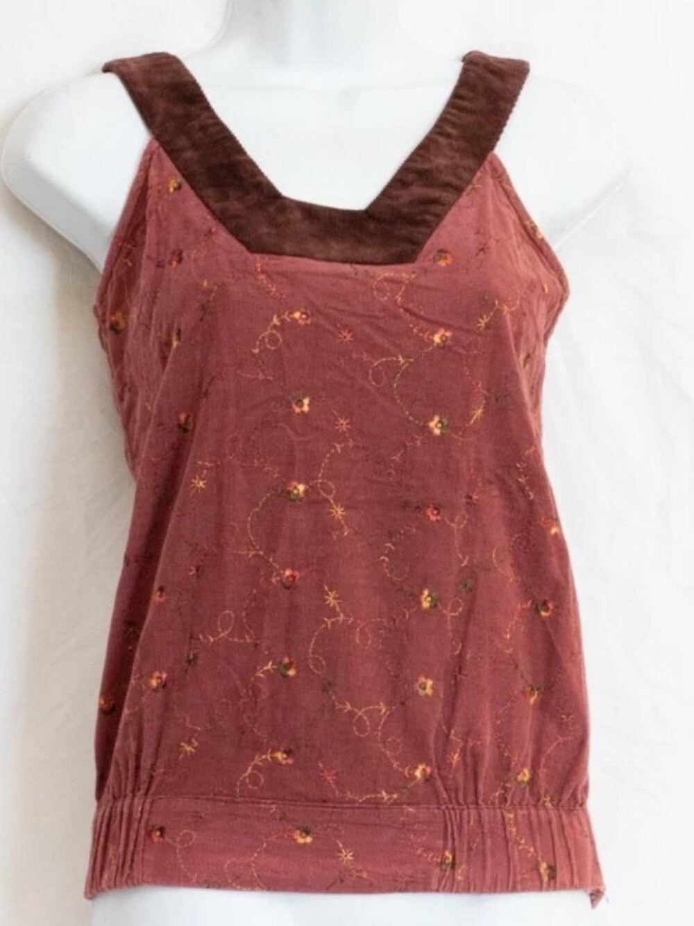 VGT Handcrafted Embroidered Corduroy Boho Sleeveles Top Elastic Hem Maroon Sz S